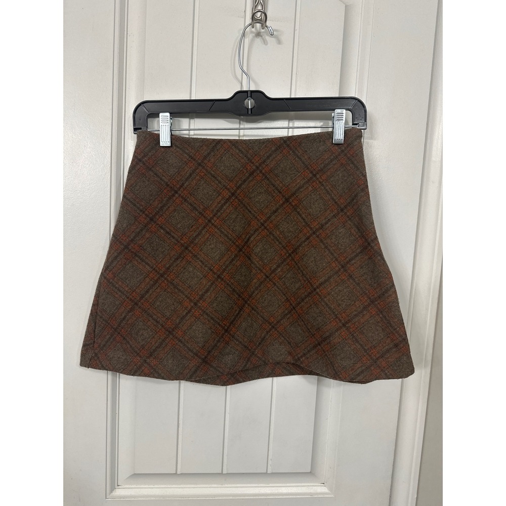 Princess Polly Brown Orange Plaid A-Line Mini Skirt US 2 Wool Look Preppy